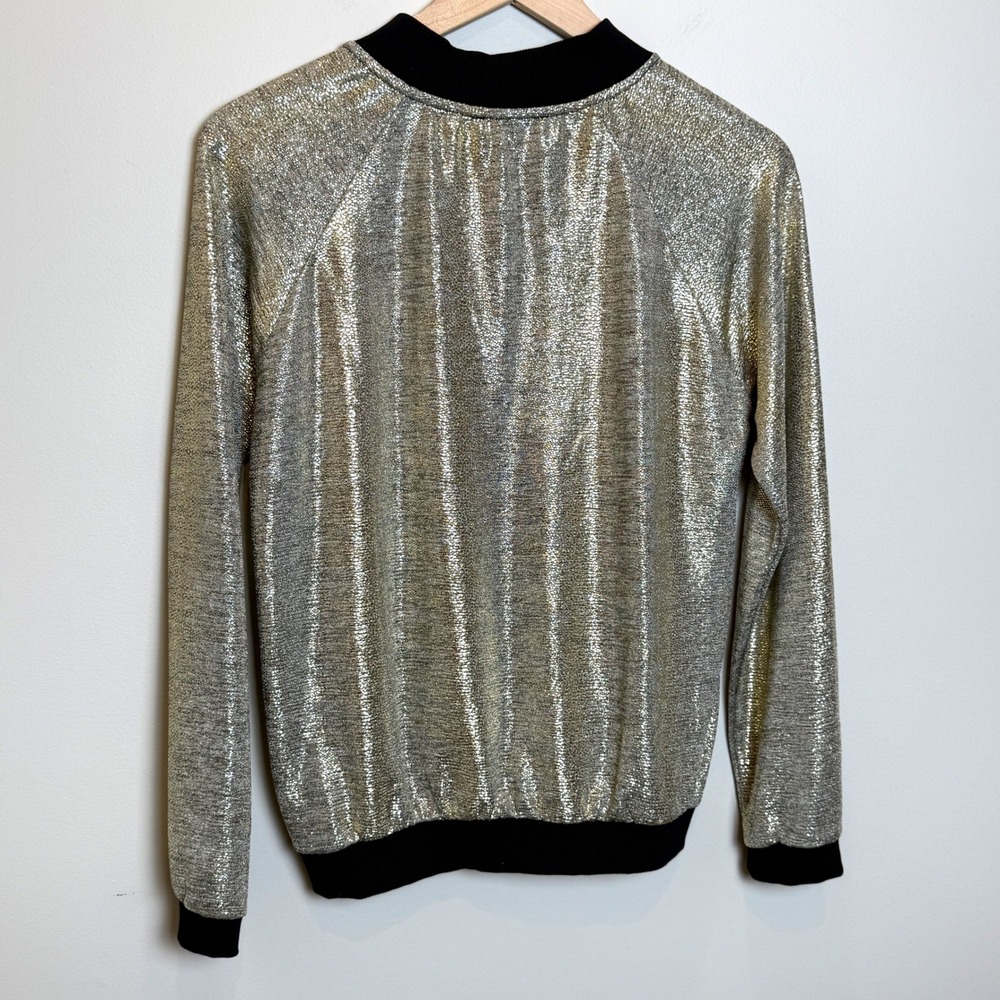Trois Ka Womens M / L Metallic Bomber Jacket Gold Full Zip Made in France Light - Picture 2 of 10